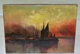 a sunset maritime harbour scene, boats to the foreground, hills to the by Hume Nisbet, 1894, oil on canvas, offered Oct 2021
