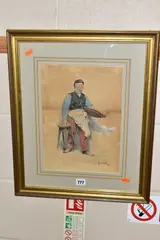 a standing portrait of a male figure, possibly a waiter or bar by Adolfo Scarselli, watercolour on paper, sold Oct 2021