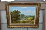 a river landscape with thatched cottage to the distance, by Lesley Hammett, oil on canvas, sold Oct 2021