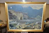THE BARREN ROCKS OFF ADEN', a coastal landscape with fishing boats of the shore, by John Reed, oil on canvas, sold Oct 2021