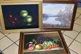 A still life of apples and cherries by K. Myles, oil on canvas, sold Oct 2021