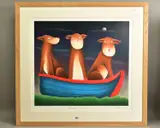 Three dogs in a boat by Mackenzie Thorpe, print, sold Oct 2021