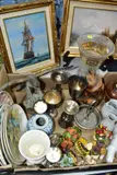 TREEN, PICTURES AND METALWARE, TWO PAINTINGS AND CUT CRYSTAL VASE, box includes by Box Of Ceramics, oil on canvas, sold Aug 2021