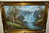 A waterfall landscape with deer by R. Danford, oil on canvas, sold Aug 2021