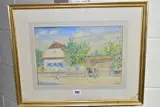 A large rural house with figures wearing traditional dress to the by Haaz Rezso, 1931, watercolour on paper, sold Aug 2021