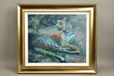 Leopard reclining at dusk by Rolf Harris, print, sold Aug 2021