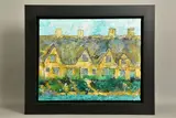 Brookside cottages by Katharine Dove, mixed media on canvas, sold Aug 2021
