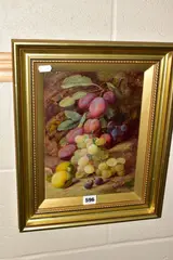 A still life study of mixed fruits against a mossy backdrop by Vincent Clare, oil on board, sold Aug 2021