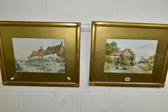 A fishermans cottage with mother and child mending nets by David W. Haddon, watercolour, sold Aug 2021