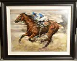 a dramatic study of a horse and jockey in full gallop, signed bottom by Gary Benfield, oil on board, sold Jul 2021