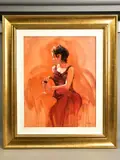 A seated portrait of a female figure wearing a red dress by Mark Spain, oil on canvas, sold Jul 2021