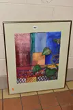 A composition of blocks of colour and patterns with a house by Tiffany McNAB, watercolour on paper, sold Jul 2021
