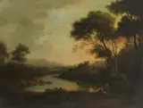 Figures by a loch at sunset with a ruined castle beyond by Alexander Nasmyth, oil on canvas, sold Aug 2021