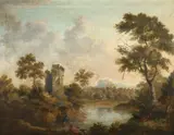 A river landscape with figures and cattle below a ruined tower Signed by Ann Wetherill, Oil on canvas, sold Aug 2021