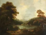 Landscape with figures and sheep on a path near a lake by George Armfield, Oil on canvas, sold Aug 2021