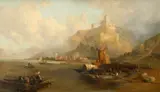 A view of the Rhine with Marksburg Castle above the town of Braubach Signed by James Webb, Oil on canvas, sold Aug 2021