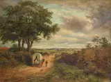Landscape with a man leading his family in a wagon on a road by Garrington Sweeting, oil on canvas, sold Aug 2021