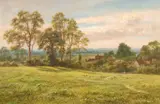 Landscape with cottages by Robert Gallon, oil on canvas, offered Aug 2021