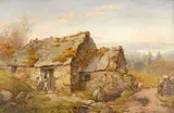 Landscape with figures outside a cottage Signed and dated GWright 1882 by George Wright, Oil on canvas, sold Aug 2021