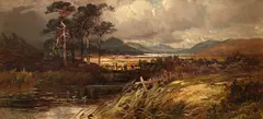 Highland landscape with a loch in the distance Signed Clarence Roe by Clarence Roe, Oil on canvasboard, sold Aug 2021
