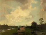 Landscape with a figure on a path by Jan van der Linde, Oil on canvas, sold Aug 2021