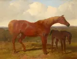 A chestnut mare and her foal in a landscape Signed and dated by John Frederick Herring Snr, Oil on panel, sold Aug 2021