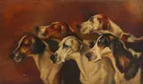 Portrait of five foxhounds Signed by Alfred Wheeler, Oil on canvas, sold Aug 2021