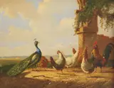 A peacock and chickens by a ruin by Albertus Verhoesen, oil on panel, sold Aug 2021