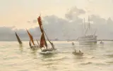 Shipping in a calm harbour Signed E by Edward Henry Eugene Fletcher, Oil on canvas, sold Aug 2021