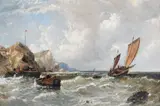 Shipping boats in choppy waters off the coast at Staithes Signed by James Meadows Snr., Oil on canvas, sold Aug 2021