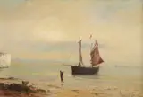 Coastal landscape with a fisherman unloading the catch Signed by Gustave de Breanski, Oil on canvas, sold Aug 2021