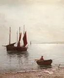 Coastal landscape with fishing boats Signed and dated Gustave de by Gustave de Breanski, Oil on canvas, sold Aug 2021