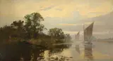 River landscape with barges Signed J Miller Marshall by John Miller Marshall, Oil on canvas, offered Aug 2021