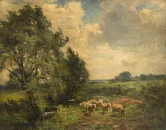 Landscape with sheep in a meadow by a stream Signed and indistinctly by William Greaves, Oil on canvas, offered Aug 2021