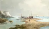 Coastal landscape with shipping boats and figures Signed JWilson by John James Wilson, Oil on board, offered Aug 2021