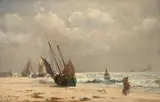 Coastal landscape with figures and boats on the beach by Edoardo di Martino, Oil on canvas, sold Aug 2021