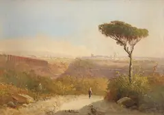A view of Rome with a traveller on a path by E. Altrui, oil on board, offered Aug 2021