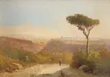 A view of Rome with a traveller on a path by E. Altrui, oil on board, offered Aug 2021