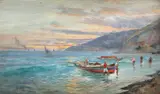 Neapolitan coastal town with fishermen bringing in their nets by Oscar Ricciardi, Oil on board, sold Aug 2021