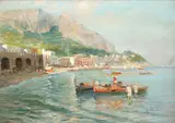 Neapolitan coastal landscape with fishermen at dawn Signed by Oscar Ricciardi, Oil on panel, sold Aug 2021