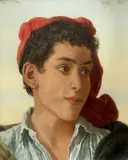 Young boy with a red head scarf by Adriano Bonifazi, oil on panel, sold Aug 2021