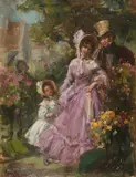 A family walking through a garden Signed Gergely Imre by Imre Gergely, Oil on canvas, sold Aug 2021
