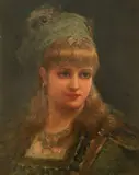 Portrait of a young woman in oriental costume Signed and inscribed by Jan van Beers, Oil on panel, sold Aug 2021