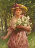 Girl dressed in pink holding lillies Signed with monogram by George Sheridan Knowles, Oil on canvas, sold Aug 2021