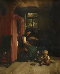 Interior with an old lady spinning wool and a child Signed and by Franz Meyerheim, Oil on canvas, offered Aug 2021