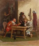 Soldiers playing cards in an interior Signed with initials and by Alfred Holst Tourrier, Oil on canvas, offered Aug 2021