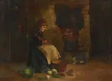 A woman peeling vegetables at a fireside Indistinctly by Dennis Wood Deane, Wood Deane, offered Aug 2021