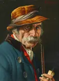 Old man wearing a maroon coat holding a pipe by Franz Xaver Wölfle, oil on board, sold Aug 2021