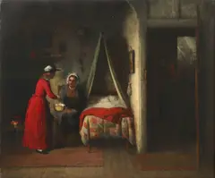 Interior with two figures conversing whilst a child sleeps Signed by Frederick Daniel Hardy, Oil on canvas, offered Aug 2021