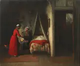 Interior with two figures conversing whilst a child sleeps Signed by Frederick Daniel Hardy, Oil on canvas, offered Aug 2021